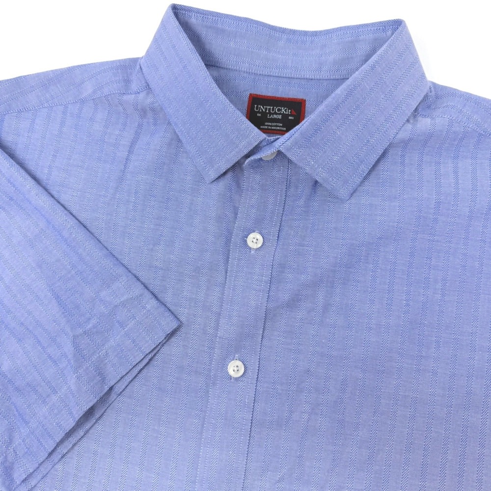 UNTUCKit Mens Large‎ Blue Dobby Stripe Short Sleeve Button Down Cotton Shirt